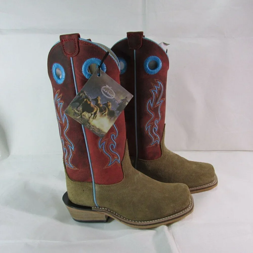 Old West Kid's Square Toe Suede Western Boots Camel/Red 8206